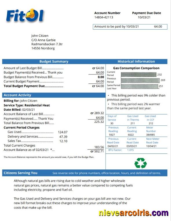 Sweden Fitol gas utility bill